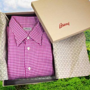 $1100 BRIONI Pink White houndstooth Gingham Check Cotton Long Sleeve Shirt 2XL